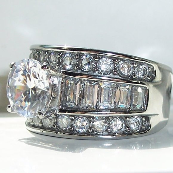 STAINLESS STEEL Round Brilliant Cut With Baguettes CZ Band Ring-Sizes 5-10 - Picture 2 of 14